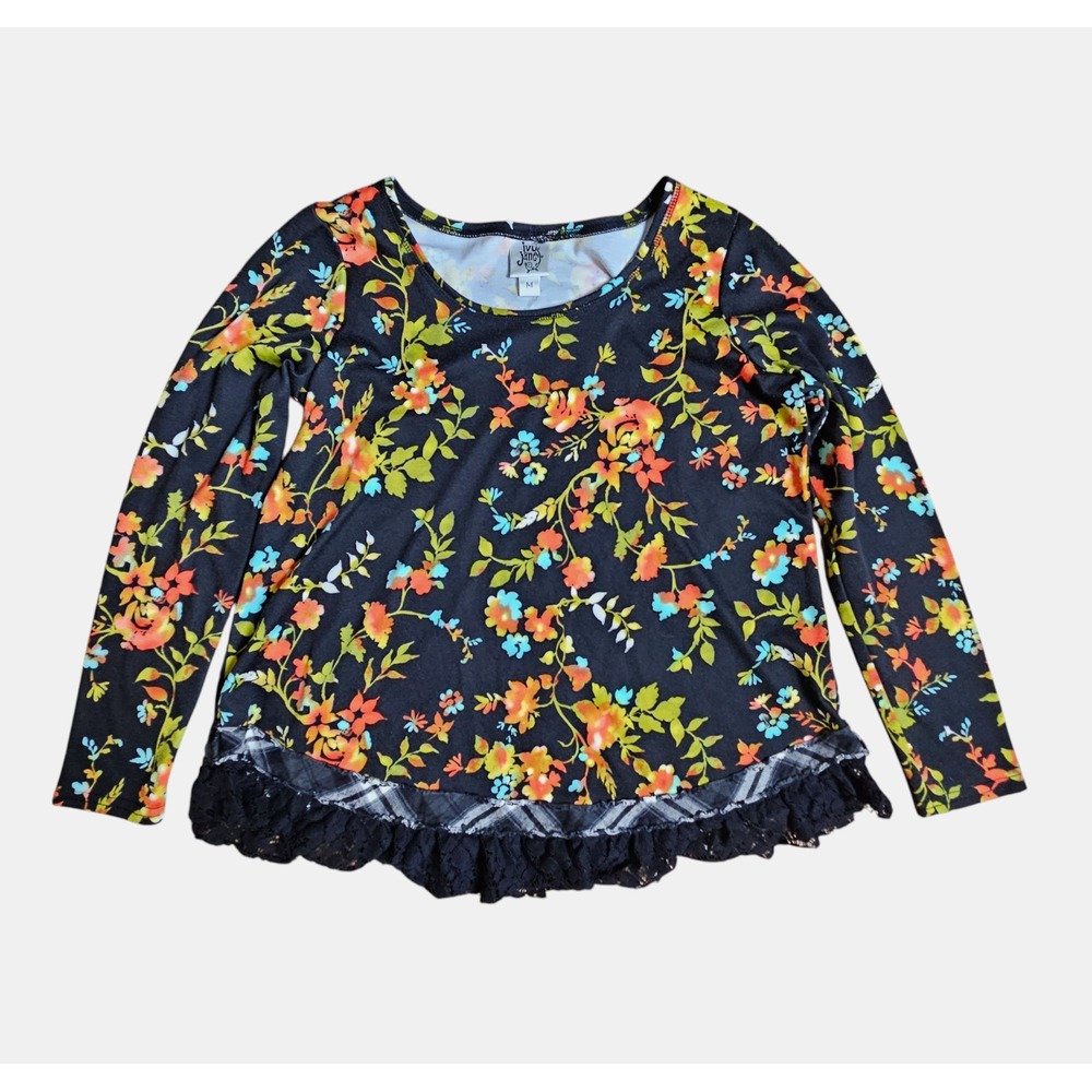 Ivy Jane Round Neck Floral Long Sleeve Top Plaid‎ & Lace Trim M Boho Cottagecore